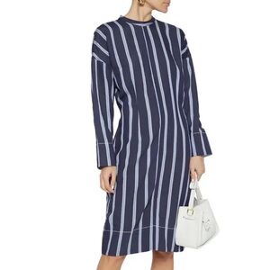 BASSIKE Striped Twill Dress Navy Blue Size 1 US 4 Silk Office Long Sleeve